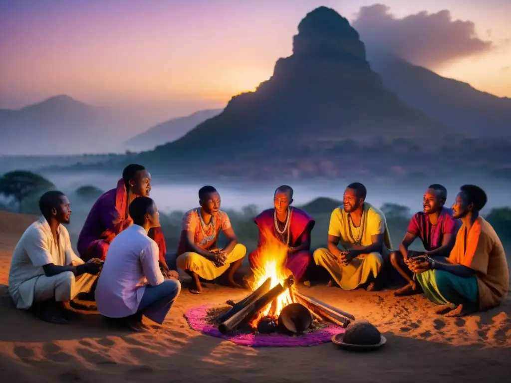 Culto ancestral africano al atardecer: gente alrededor de fogata, cielo anaranjado, telas coloridas