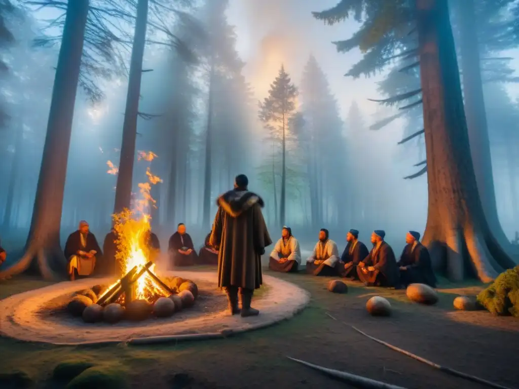 Culto al oso en tribus eslavas: Tribus eslavas reunidas alrededor de una hoguera, mientras un chamán realiza un ritual junto a un imponente bosque