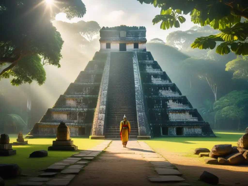 Culto al Sol en civilizaciones antiguas: Majestuosa pirámide maya, adoradores en ritual bajo el sol, animales y selva exuberante