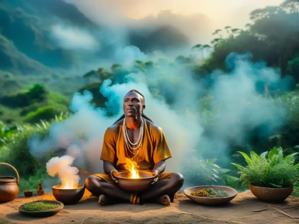 Un curandero tradicional en una aldea remota, rodeado de plantas medicinales, realizando una ceremonia con humo de hierbas quemadas, entre la luz del sol filtrándose a través del dosel forestal, capturando la esencia de la sabiduría ancestral practicada en un entorno moderno