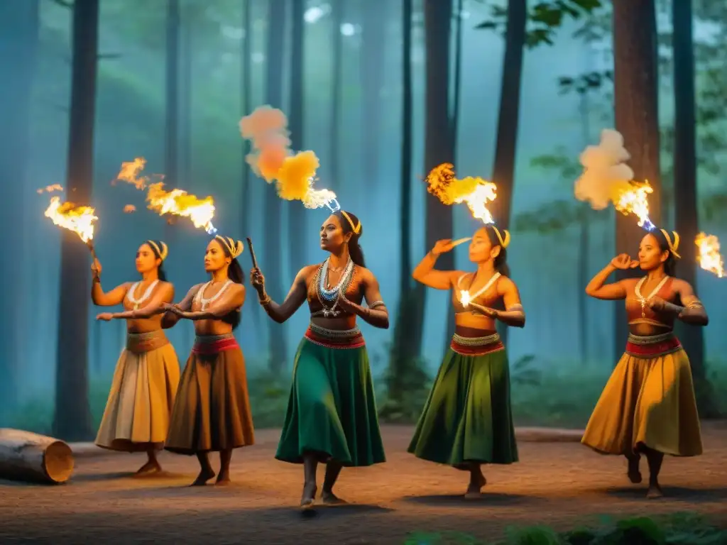 Danza aborigen llena de significado y tradiciones en un bosque verde al anochecer