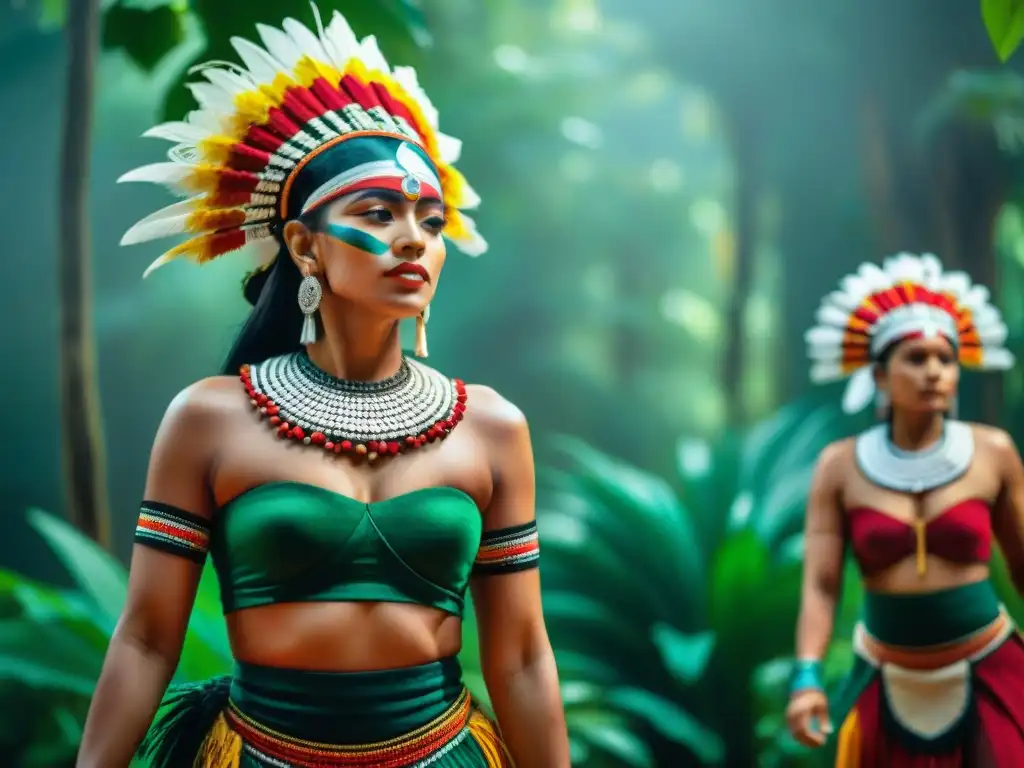 Danza en ceremonias mayas: Bailarines mayas en trajes coloridos realizando una danza sagrada en la selva