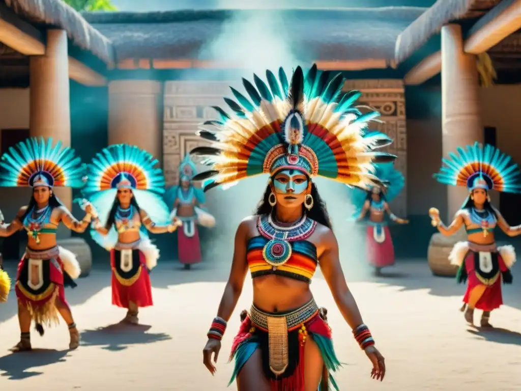 Danza en ceremonias mayas: Coloridos bailarines mayas se mueven al ritmo de tambores en un patio soleado rodeado de templos antiguos