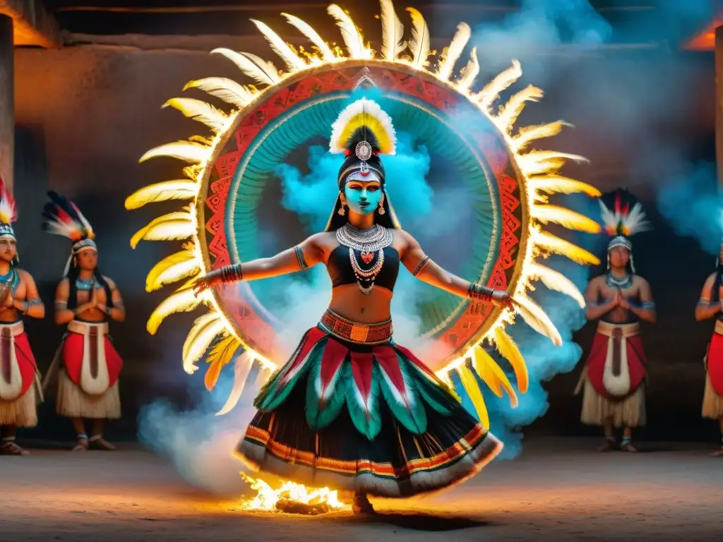 Danza en ceremonias mayas: Mural de danzantes mayas con trajes de plumas, moviéndose alrededor de un fuego sagrado