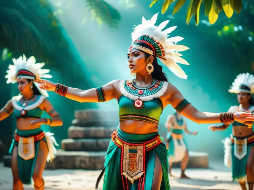 Danza en ceremonias mayas: Vibrantes trajes tradicionales y ritmo preciso en escenario místico con ruinas antiguas y exuberante vegetación