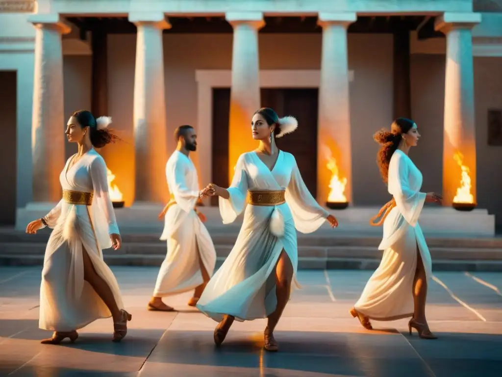 Danza divina en la antigua Grecia: Grupo de bailarines griegos antiguos danzando con gracia en un templo iluminado por antorchas