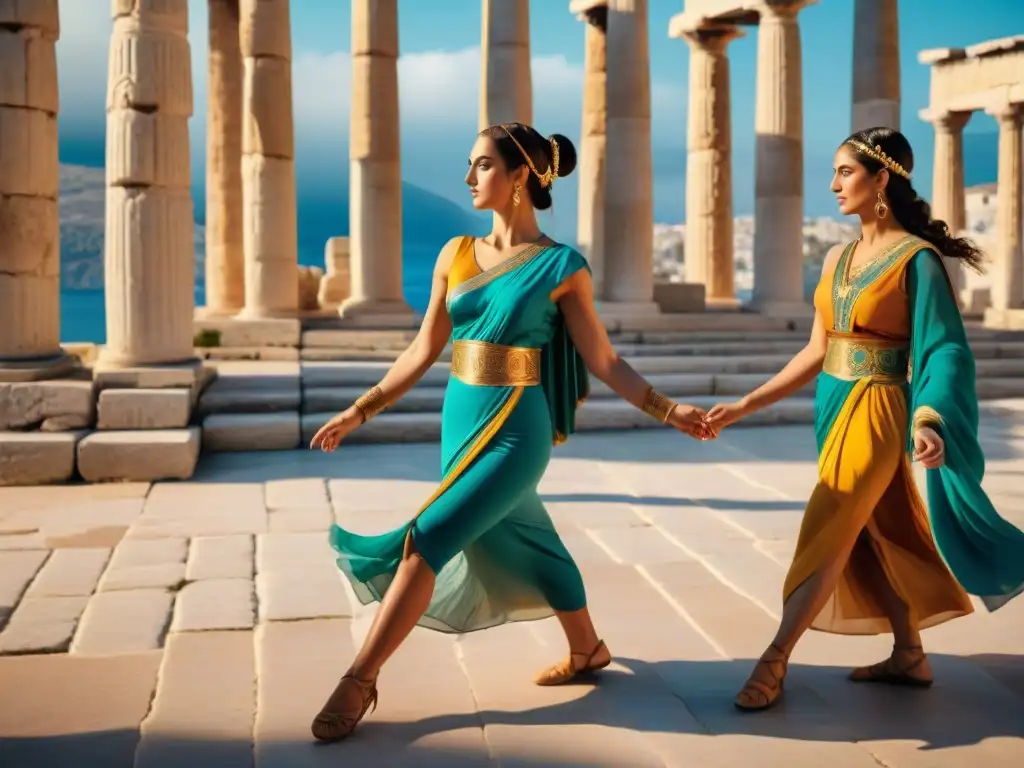 Danza divina en la antigua Grecia: bailarines griegos ejecutan un ritual sagrado en un templo soleado