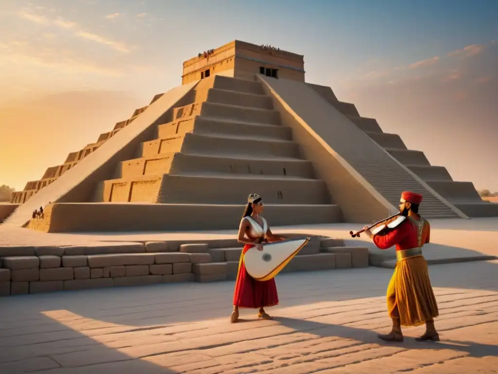 Música y danza en Sumeria: Ziggurat iluminada por el sol con músicos y bailarines, evocando la cultura sumeria