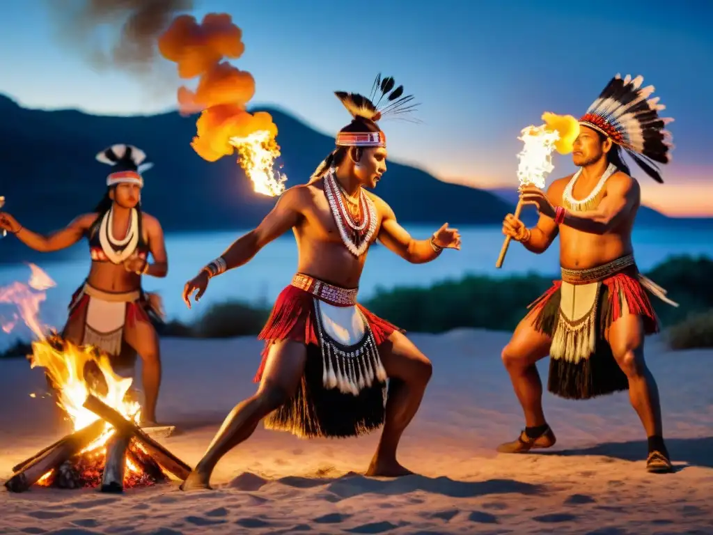 Danza ritual en culturas antiguas: Grupo de bailarines indígenas en atuendos tradicionales alrededor de una fogata bajo el cielo estrellado