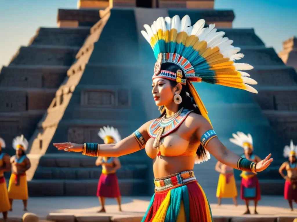 Danza ritual en culturas antiguas: Grupo de danzantes aztecas realizando un ritual sagrado frente a un templo piramidal al atardecer