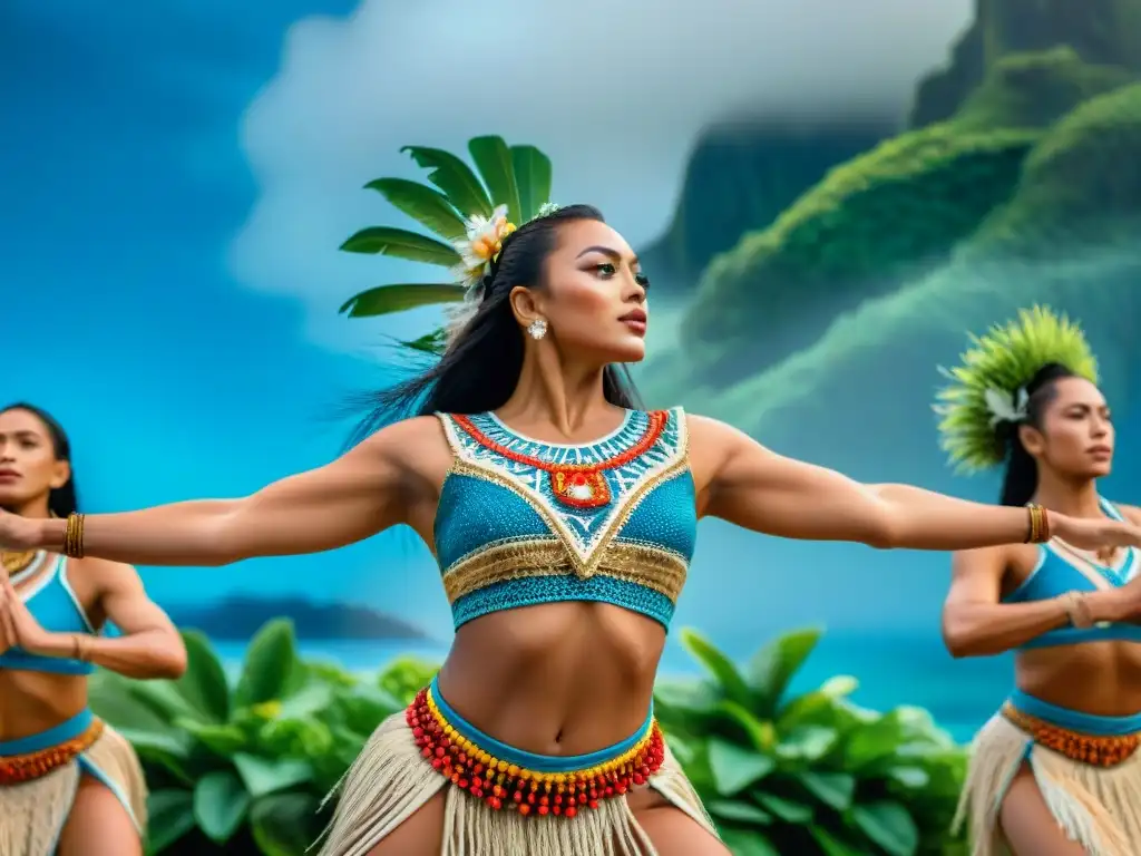 Danza ritual polinesia que recrea mitos de creación de civilizaciones antiguas, con colores vibrantes y movimientos hipnóticos en la naturaleza