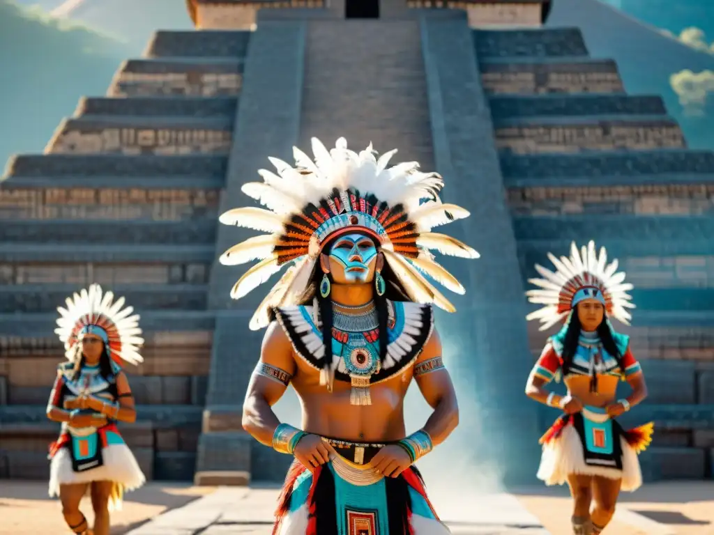 Danza ritual azteca: vibrante vestimenta y significado ancestral en majestuosa pirámide