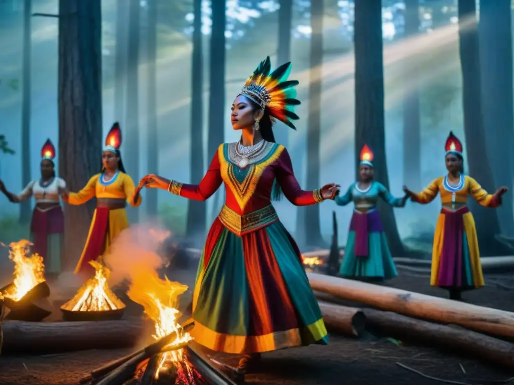 Danza sagrada en celebraciones neopaganas: Grupo diverso bailando alrededor de una fogata en el bosque