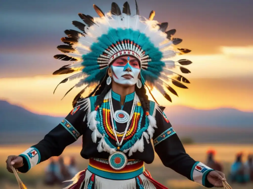 Danza del Sol: Círculo sagrado de bailarines indígenas americanos con atuendos tradicionales vibrantes y plumas coloridas, en reverencia espiritual