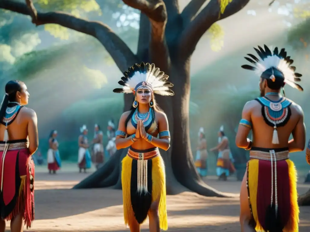 Danza del Sol: indígenas americanos realizando ritual ancestral entre árboles antiguos