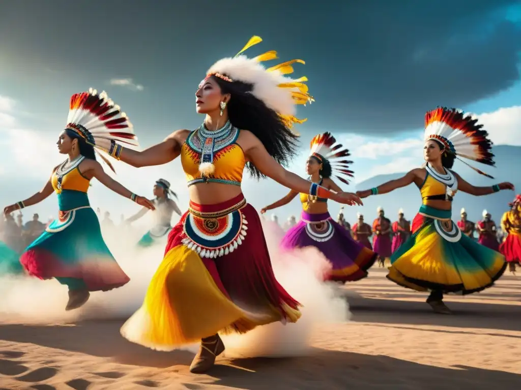 Danza del Sol indígenas americanos realizando ritual sagrado en campo soleado, regalía colorida en movimiento