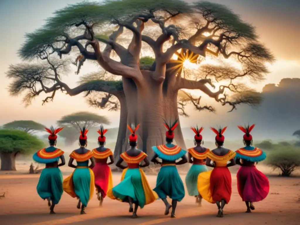 Danzantes africanos ejecutan un ritual de eclipse bajo un Baobab, llevando pinturas corporales y atuendos tradicionales