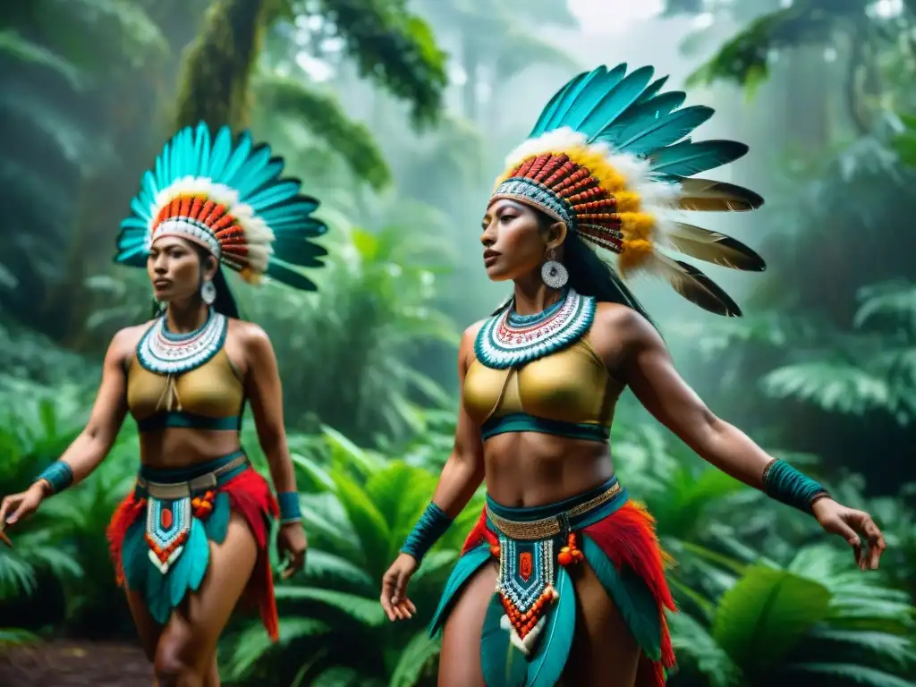 Danzas aborígenes significado tradiciones: Grupo de bailarines indígenas con atuendos tradicionales vibrantes en la selva exuberante