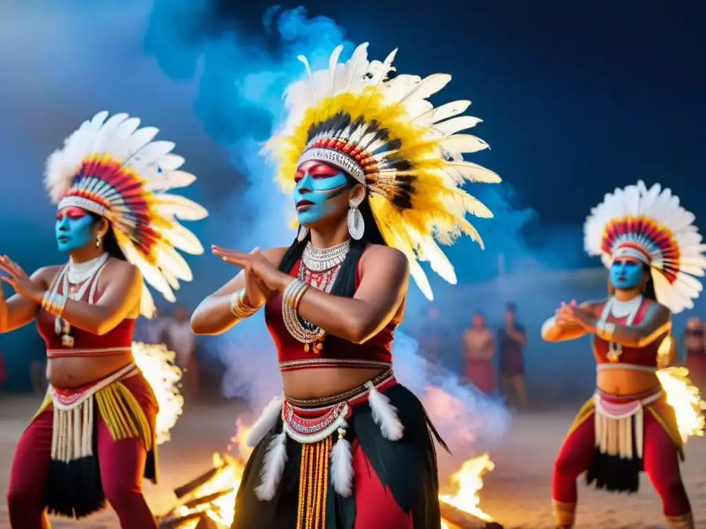 Danzas aborígenes significado tradiciones: Grupo de bailarines indígenas en trajes vibrantes danzando alrededor de fogata bajo cielo estrellado