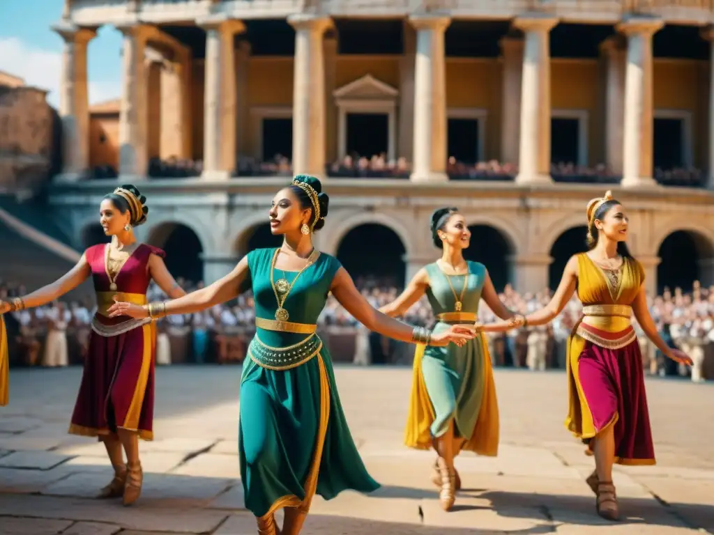 Reconstrucción de danzas antiguas en Roma: Bailarines romanos en un majestuoso anfiteatro, rodeados de espectadores asombrados