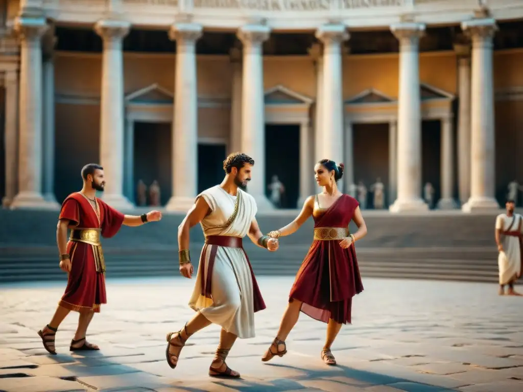 Reconstrucción de danzas antiguas en Roma: Bailarines en trajes romanos ejecutan elegantes pasos en un anfiteatro majestuoso