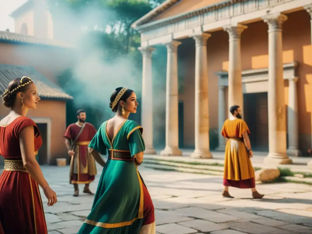 Reconstrucción de danzas antiguas Roma: Reenactores en auténticos atuendos romanos realizando una danza tradicional en una villa romana