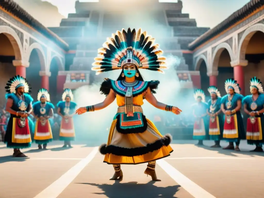 Danzas sagradas de civilizaciones antiguas en templo azteca al atardecer