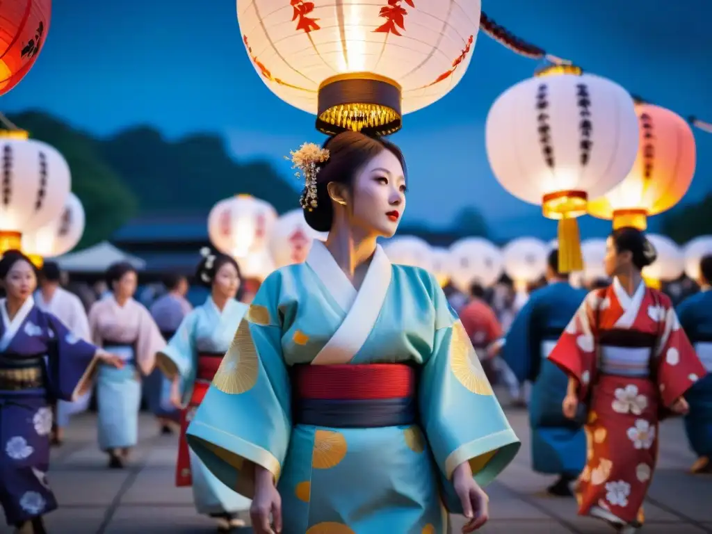 Danzas sagradas de la cultura japonesa: Baile tradicional Bon Odori con coloridos yukatas en festival animado