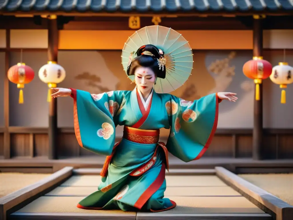 Danzas sagradas de la cultura japonesa: Fotografía de un Kagura tradicional con bailarines elegantemente vestidos en ritual shintoísta