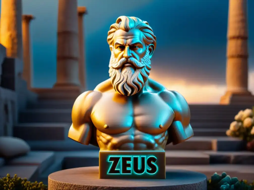 Detallada estatua miniatura de Zeus en ruinas griegas al atardecer Decoración inspirada en dioses griegos: minuciosa estatua de Zeus con barba fluyente y pose majestuosa, en ruinas griegas al atardecer