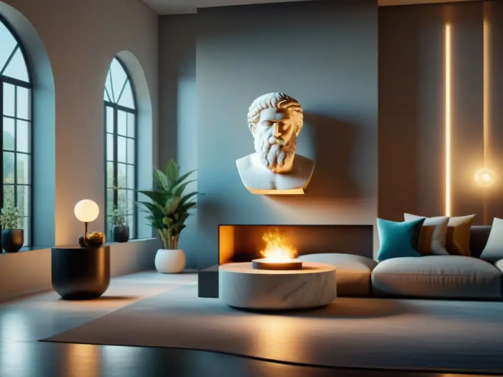 Salón moderno con busto de Zeus: elegancia griega contemporánea Decoración inspirada en dioses griegos: Salón moderno con busto de Zeus en mármol y decoración elegante