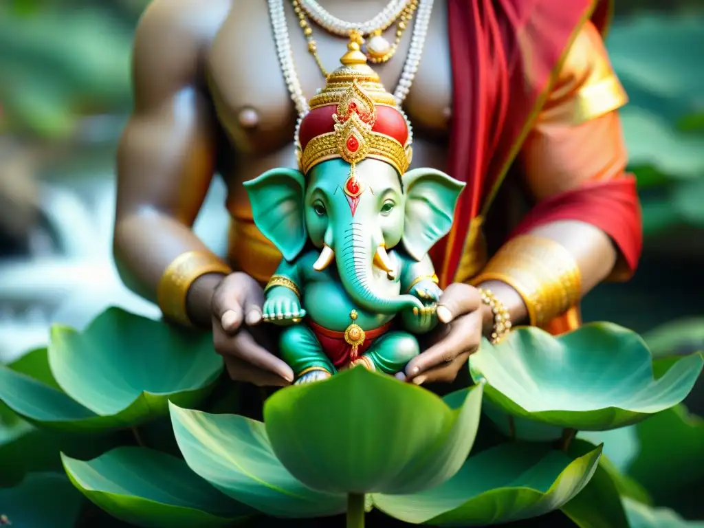 Ganesha, la deidad hindú, sentado majestuosamente en un trono de loto con símbolos y vestimentas en Hinduismo