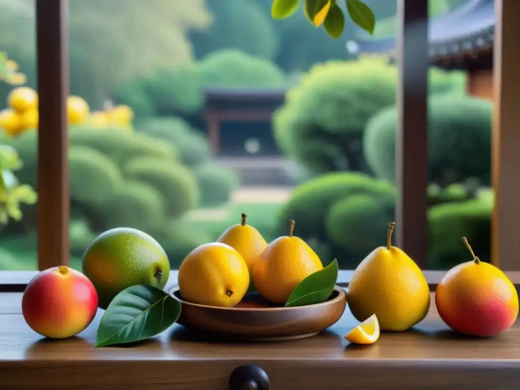 Delicado corte de un yuzu revelando su interior jugoso, en un jardín japonés sagrado