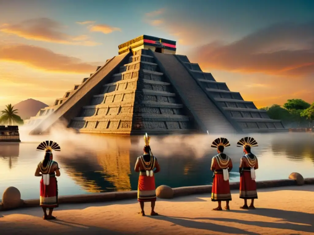 Descendientes Aztecas realizan ritos de purificación al atardecer en lago brillante