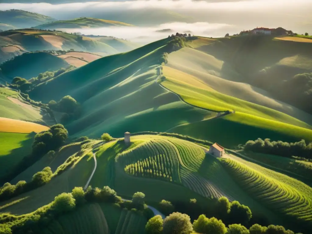 Descubrimiento interior en Camino de Santiago: paisaje vasto y pintoresco con peregrinos, senderos verdes y puentes de piedra