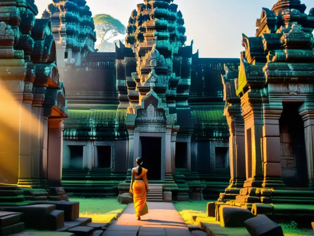 Descubrimiento de técnicas Renacimiento en Angkor Wat al amanecer, mostrando la fusión de la artesanía antigua y la tecnología moderna