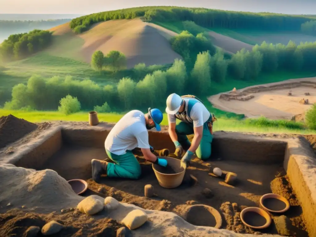 Descubrimientos arqueológicos en antigua civilización eslava: arqueólogos desenterrando artefactos entre sombras y luz cálida en yacimientos