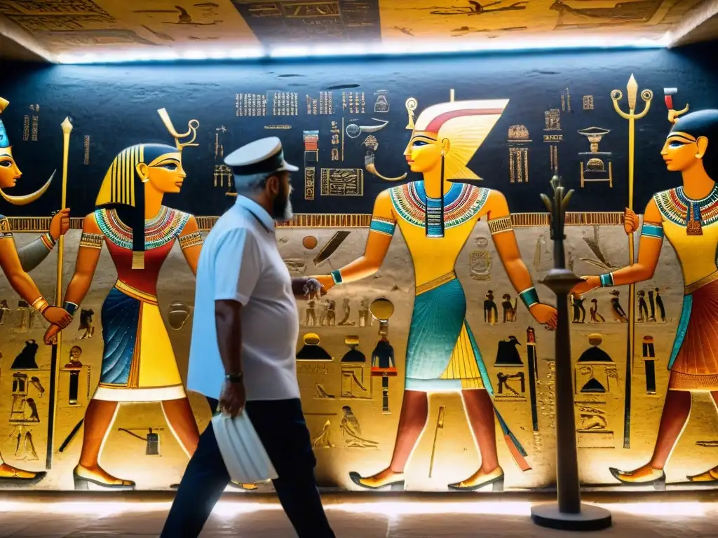 Descubrimientos arqueológicos en Luxor: Arqueólogos descubriendo tumba de Tutankamón con arte mural y jeroglíficos detallados