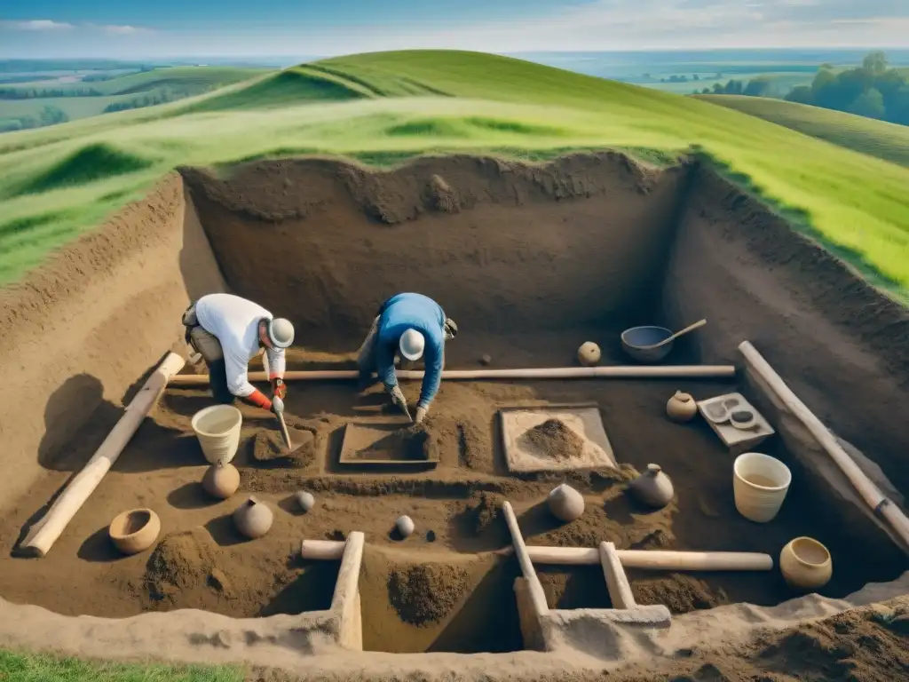 Descubrimientos arqueológicos en una excavación de una civilización antigua por un equipo de arqueólogos