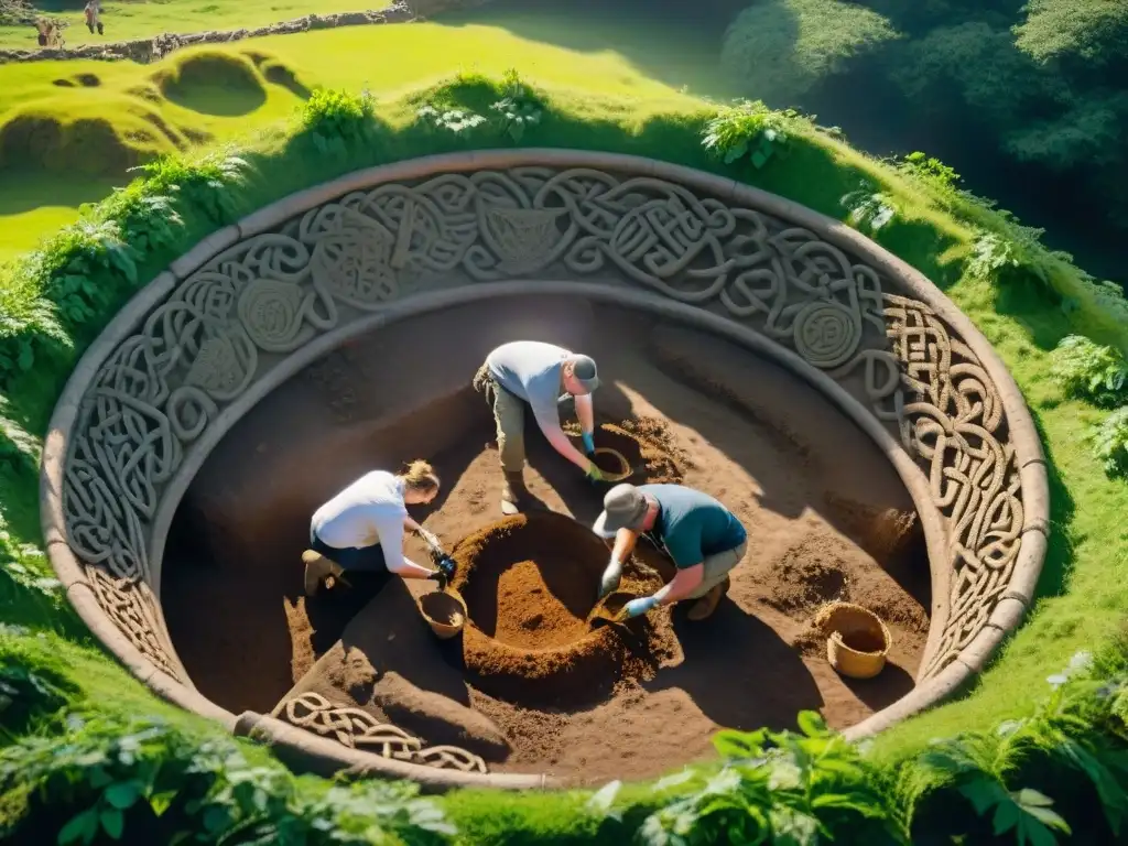 Descubrimientos arqueológicos en sitio celta: equipo de expertos desenterrando artefactos antiguos entre ruinas y vegetación exuberante