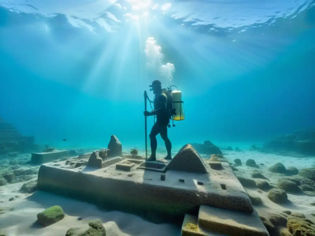 Descubrimientos en ciudad sumergida Heracleion: arqueólogos excavando artefactos antiguos bajo el agua, iluminados por el sol