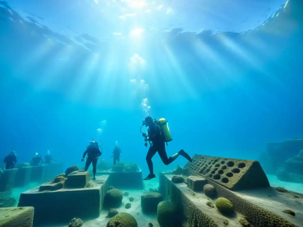 Descubrimientos en ciudad sumergida Heracleion: arqueólogos submarinos exploran ruinas antiguas entre estatuas y columnas cubiertas de vida marina