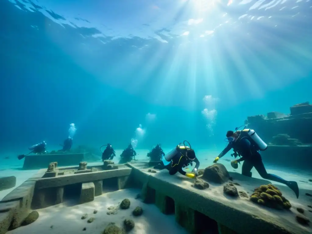 Descubrimientos en ciudad sumergida Heracleion: arqueólogos submarinos desenterrando artefactos antiguos con destellos de luz solar