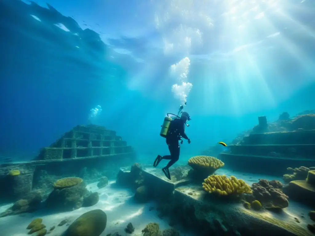 Descubrimientos en la ciudad sumergida de Heracleion, arqueólogos excavando ruinas antiguas rodeados de peces y ruinas