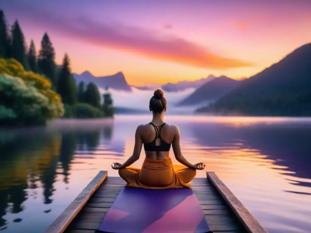 Manifestación de deseos con intención: Serenidad al atardecer practicando yoga en el muelle junto al lago