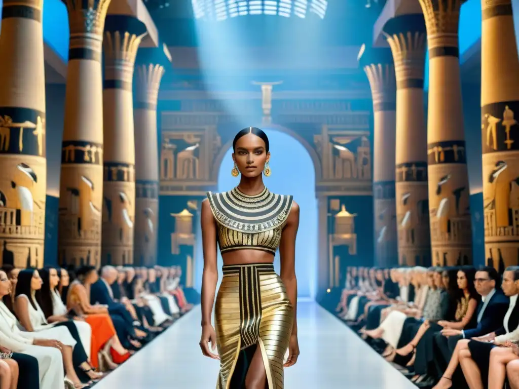 Desfile de moda inspirada en el antiguo Egipto con diseños elaborados y modelos seguros de sí mismos