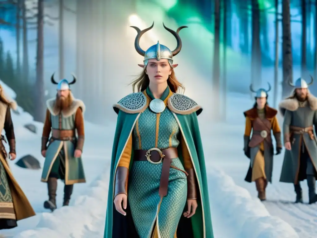 Desfile de moda inspirada en la mitología nórdica en un bosque místico bajo la aurora boreal