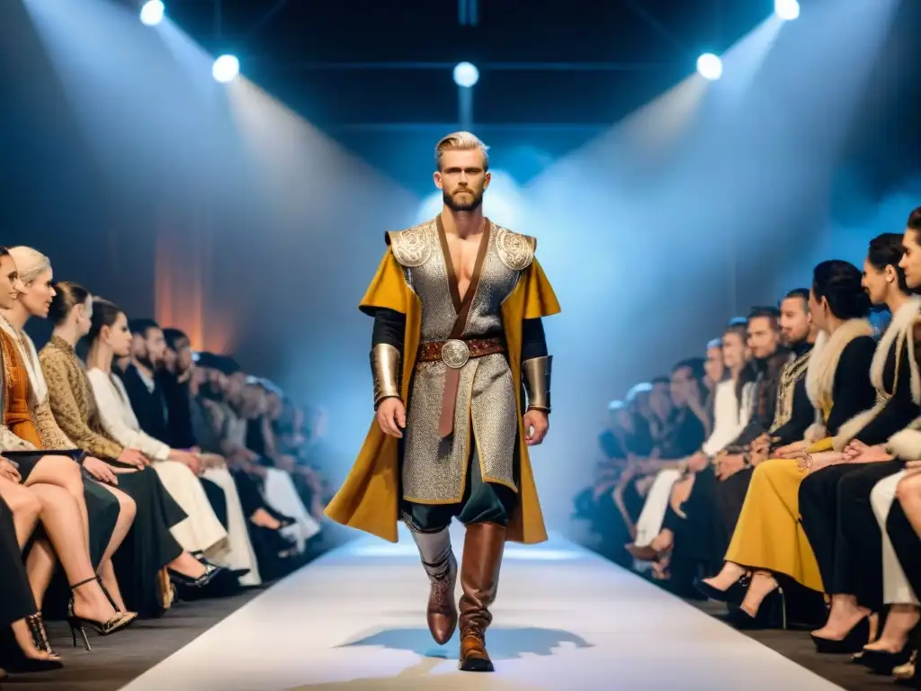 Desfile de moda inspirada en la mitología nórdica, con modelos luciendo prendas vikingas y símbolos rúnicos en una pasarela industrial