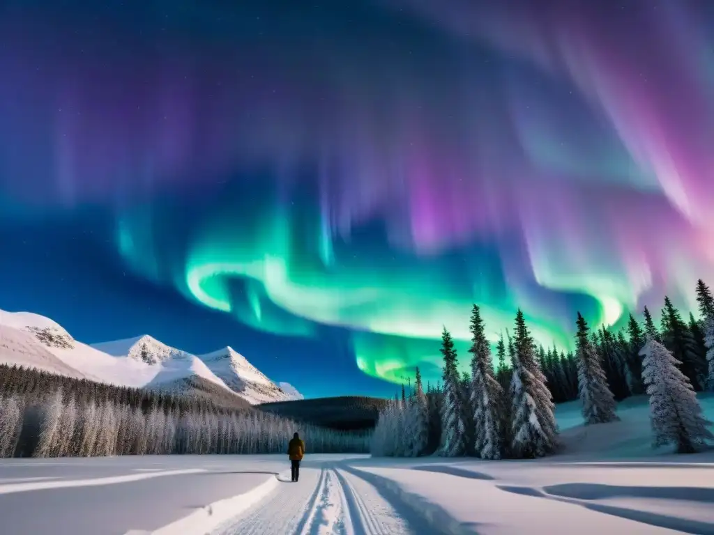 Deslumbrante aurora boreal iluminando un bosque nevado en Escandinavia, evocando los mitos sobre la Vía Láctea