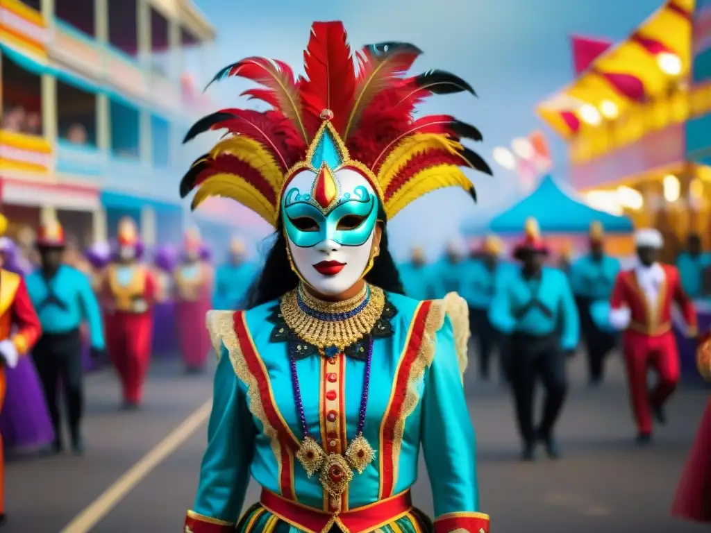 Deslumbrante desfile de Carnaval con origen misterioso, vibrante y colorido, lleno de detalles y alegría contagiosa